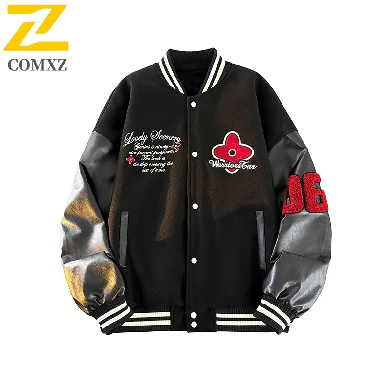 

​COMXZ Men Vintage Baseball Jacket Fall American Style Retro Windproof Waterproof Bomber Coat Embroidery Streetwear Oversized