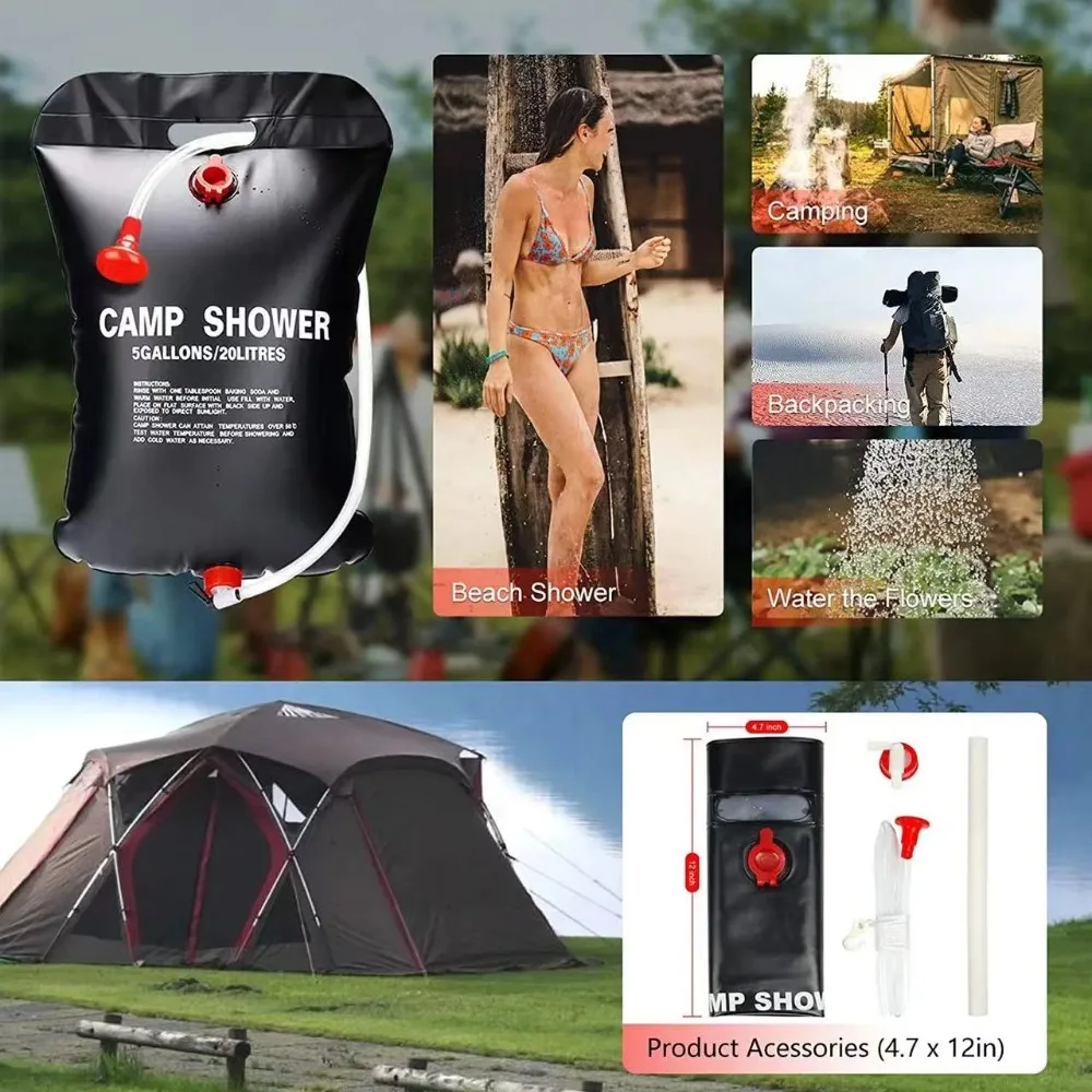 Solar Shower Bag 20L Outdoor Solar Heating Premium Camping Shower Bag Hot Water Temperature 45°C with Removable Hose Shower Head