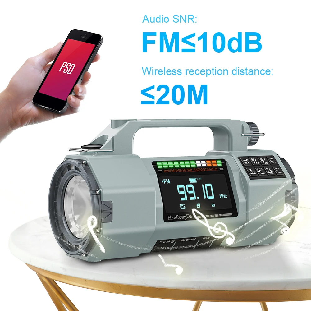 

Hand Crank Emergency Radio FM/MW/SW/VHF/WB Solar Powered Radio with SOS Alarm LED Flashlight BT Speaker for Home and Emergency