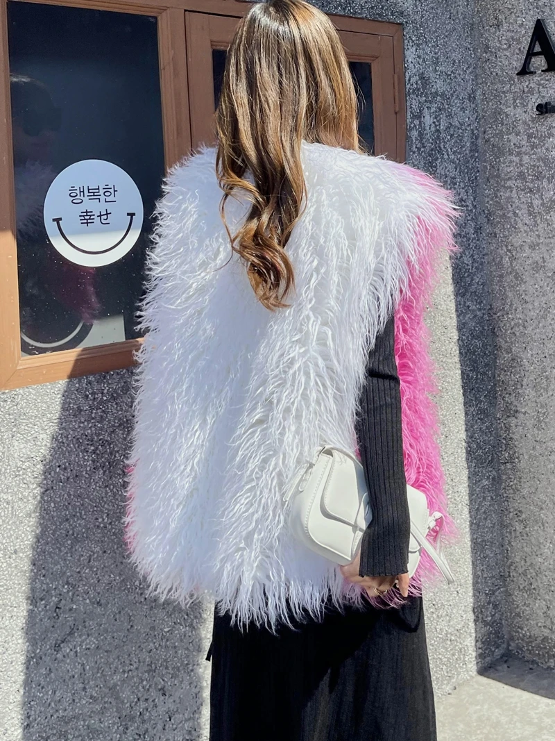 Western Style Pink Autumn and Winter New Irregular Length Fur Vest Stitching Furry Contrast Color Beach Wool