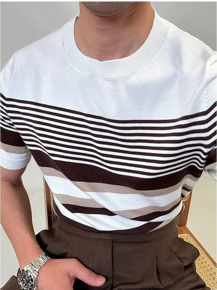 

Летняя мужская трикотажная футболка с круглым вырезом 2025 года, тонкая, с коротким рукавом, дышащая, модная, в полоску, в стиле Sea Soul, универсальная, повседневная.