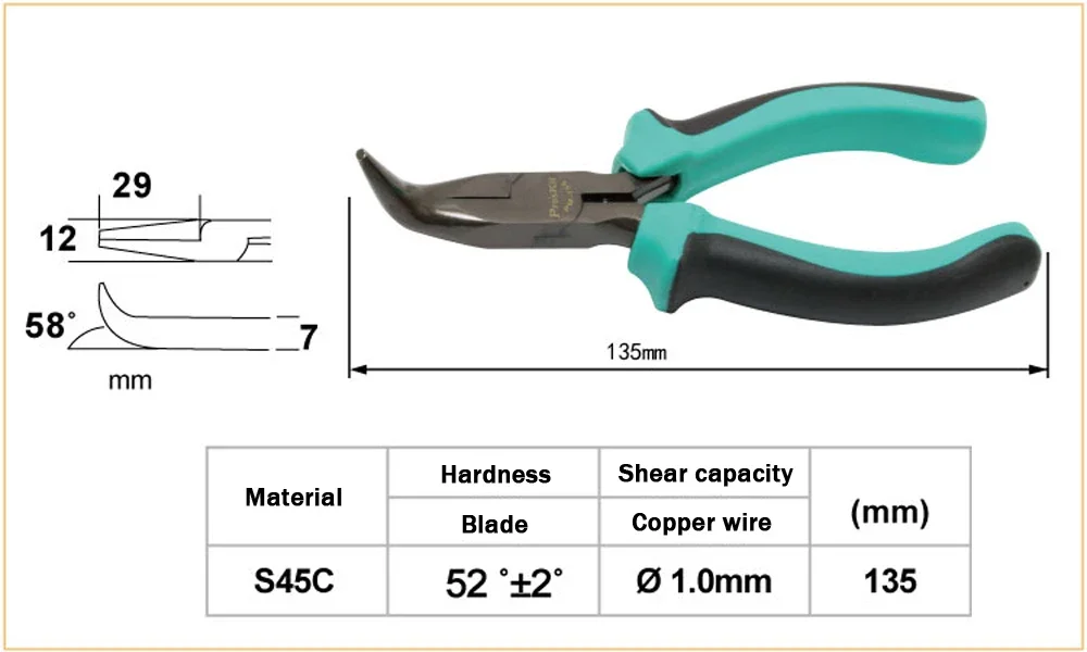 Pro'sKit PM-755 5-Zoll Zweifarbige Rutschfeste, Verschleißfeste Mini-Gebogene Spitzzange, Schneidzange, Drahtschneider, Handwerkzeug – Detail 2