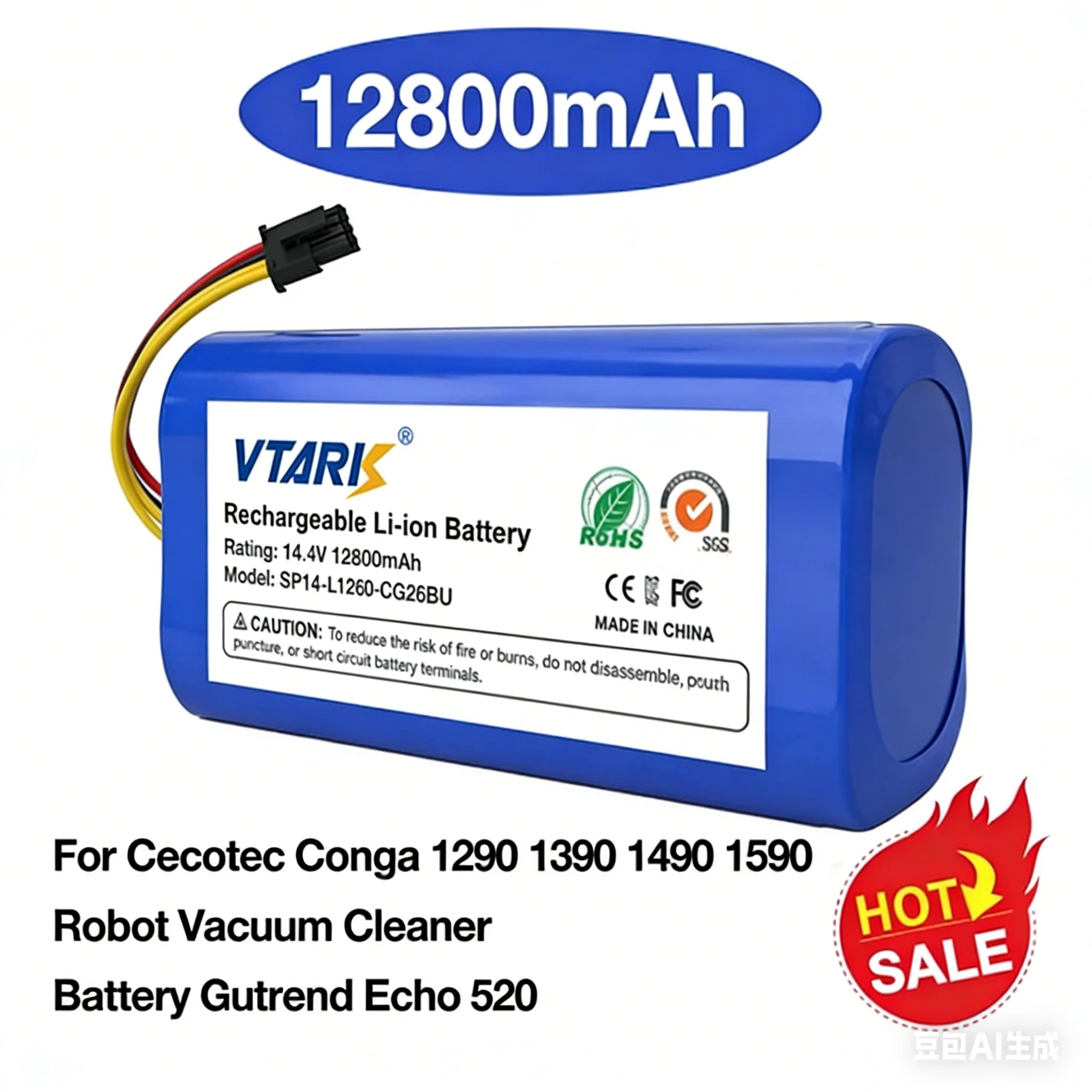

for Cecotec Conga1290 1390 1490 1590 Vacuum Cleaner Genio Deluxe 370 Gutrend Echo 520 14.4V 12800mAh18650 Li-lon Battery