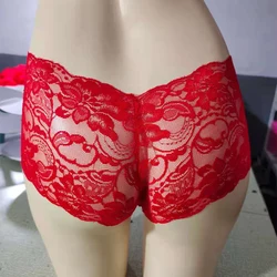 Sissy-lencería Sexy de encaje Floral para hombres y mujeres, bragas de tiro alto, ropa interior transparente, bragas elásticas