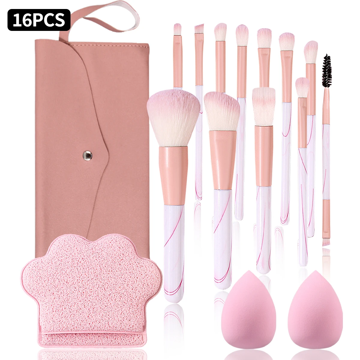Ensemble de pinceaux de maquillage roses, 16 pièces, avec sac de rangement, éponge de beauté, poudre de fond de teint synthétique douce, outil cosmétique pour fard à paupières
