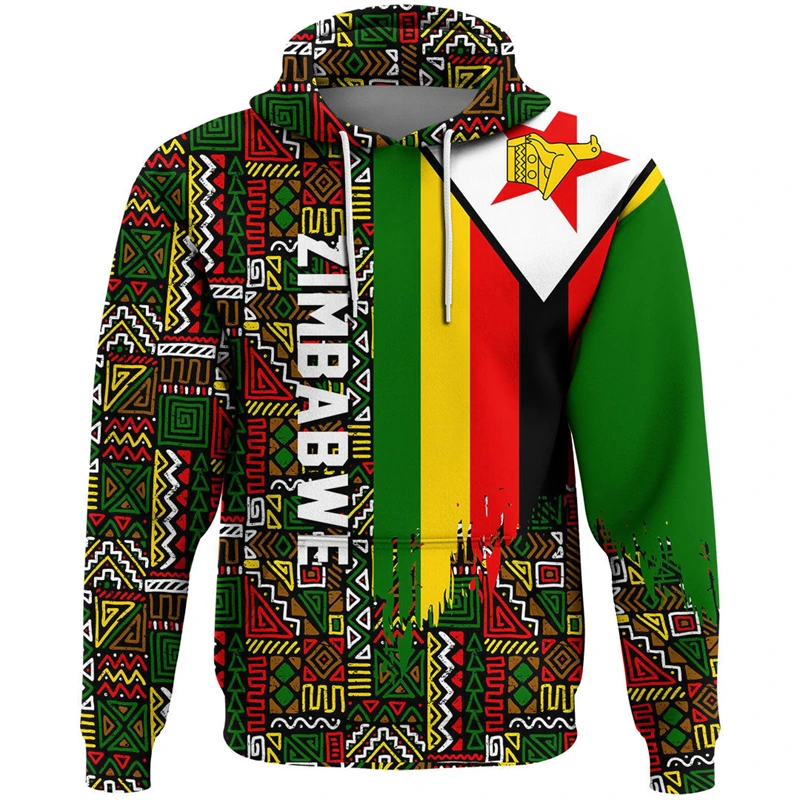 Zimbabwe Feel Map Graphic PVD National Emblem Hoodie for Men, Africa Boy Clothes, Casual Male Survêtement Jersey, Y-