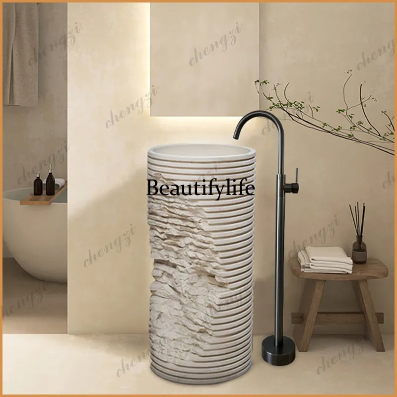 

P37 Japanese-style wabi-sabi wind pillar basin artificial stone wash basin striped design creative hotel