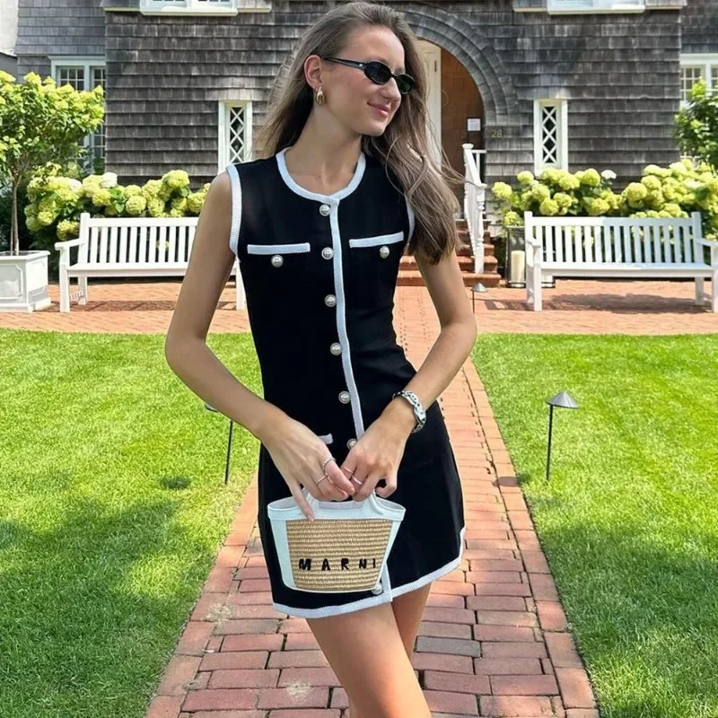 ニットハイウエストパッチワークミニドレス女性のエレガントなノースリーブニットドレス新ファッションポケットカーディガンミニドレス