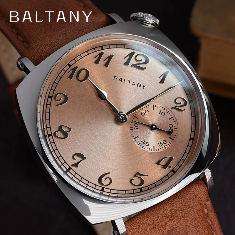 Baltany 1921 ST1701 Luxury Men\'s Automatic Mechanical Watch Vintage Classic Salmon Dial Sapphire Square Case Leather Wristwatch