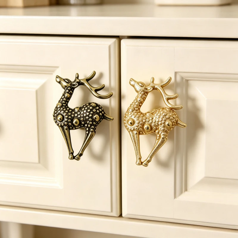 1 PC Christmas Realistic Reindeer Brass Pull Handle for Home Wardrobe Drawer Knob Hardware Accessory DIY Furniture Decoration