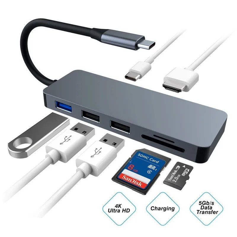 

USB C Hub, Multiport Adapter with 4K HDMI, 100W PD Charging, USB 3.0, 5Gbps Data Port, 2 USB 2.0, TF, SD, Ca, 7-in-1