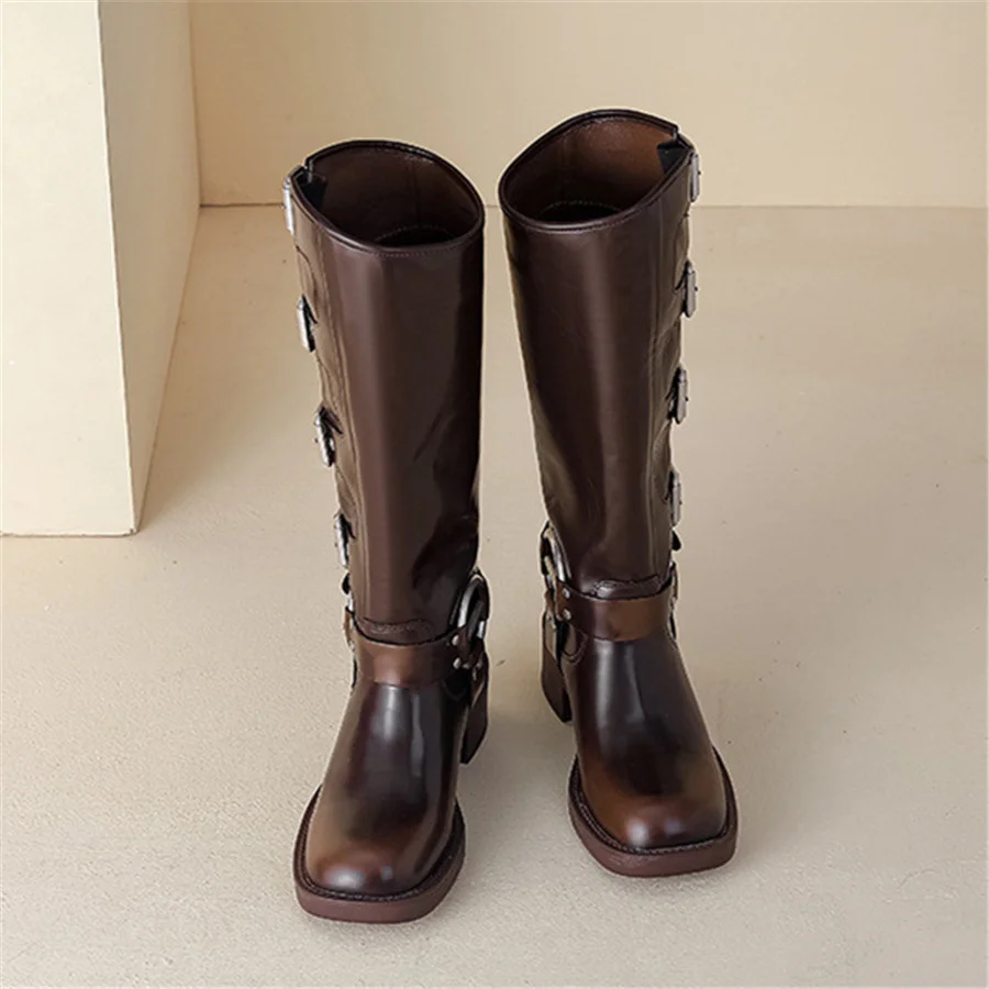 2024 New Women Knee High Boots Buckles Chunky High Heel Western Cowboy Long Botas Mujer Brown Gladiator Rubber Shoes Big Size