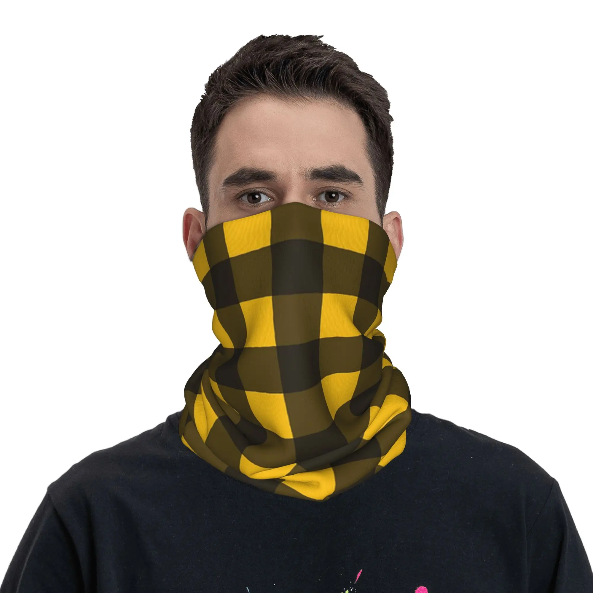 Yellow And Black Buffalo Check Pattern Bandana Neck Cover Printed Wrap Mask Scarf Multi-use Cycling Scarf Running For Men Women