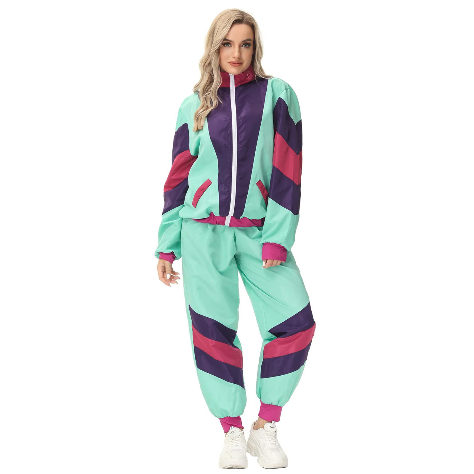 

Adult Women And Man 80s Tracksuit Set Retro Hip Hop Windbreaker Disco Tracksuit Colorblock Loose Fashionable Two Piece Outfits