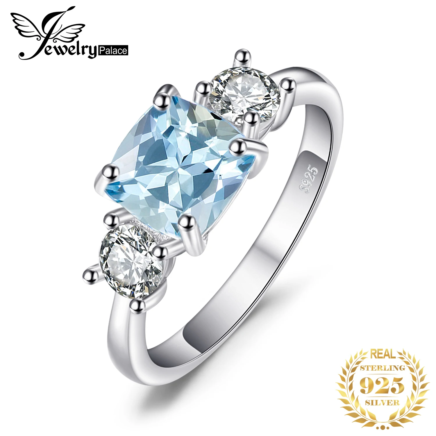 JewelryPalace 1.9ct Square Natural Sky Blue Topaz 925 Sterling Silver 3 Stone Ring for Women Gemstone Jewelry Wedding Gifts