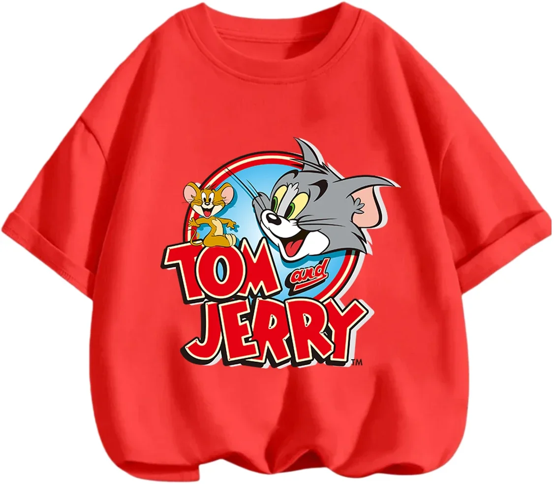 Camiseta con cuello redondo de Tom y Jerry, esencial para el día a día, diseño de dibujos animados a la moda de verano, camisetas para niños al aire libre