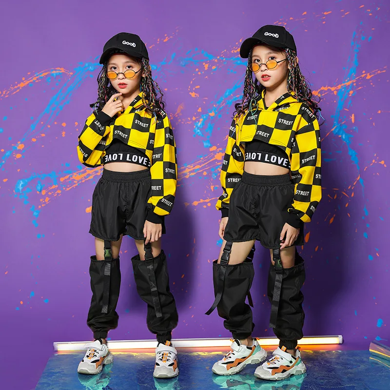 Hip Hop Girls Clothing Yellow Checkerboard Tops Hip Hop Hollow out Pants For Kids Performance Jazz Modern Dancing Costume