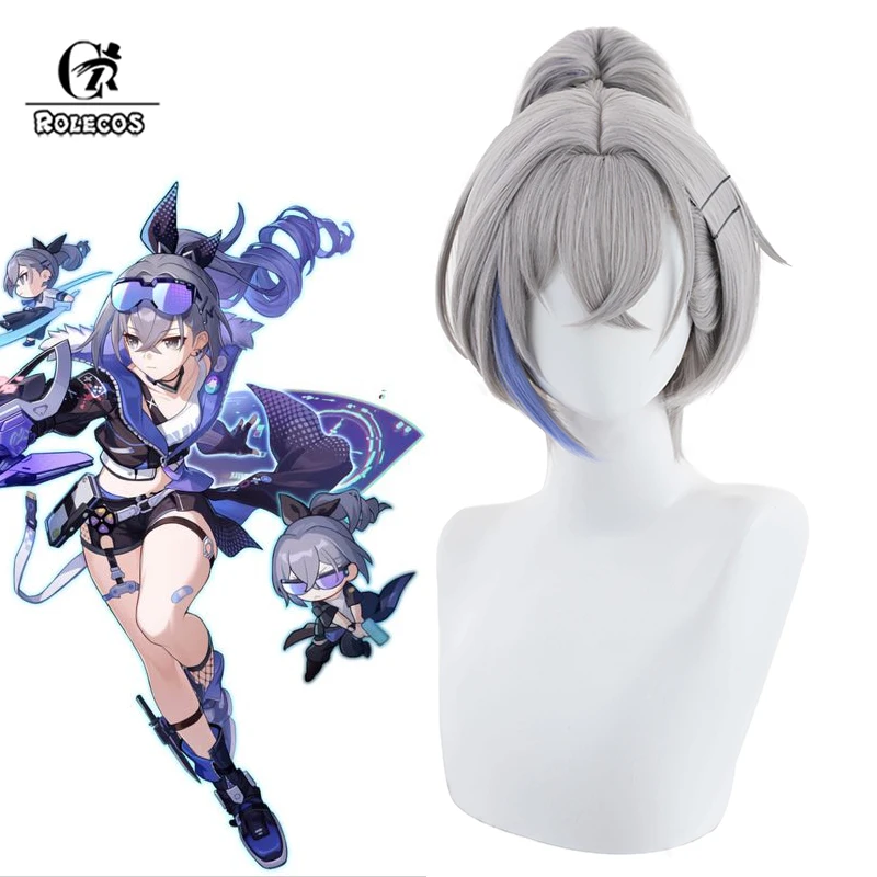 

ROLECOS Synthetic Hair Game Honkai Star Rail Silver Wolf Cosplay Wigs Silver Wolf Halloween 46cm Gray Mixed Wig Synthetic Hair