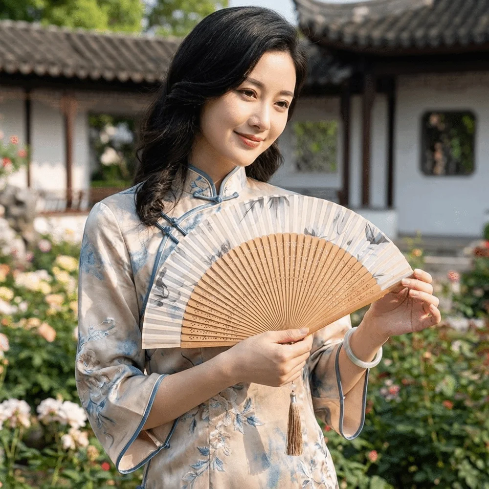 Exquisite Antique Folding Hand Fan with Tassel Portable Classical Handheld Fan Hollowed-out Decorative Fan Summer