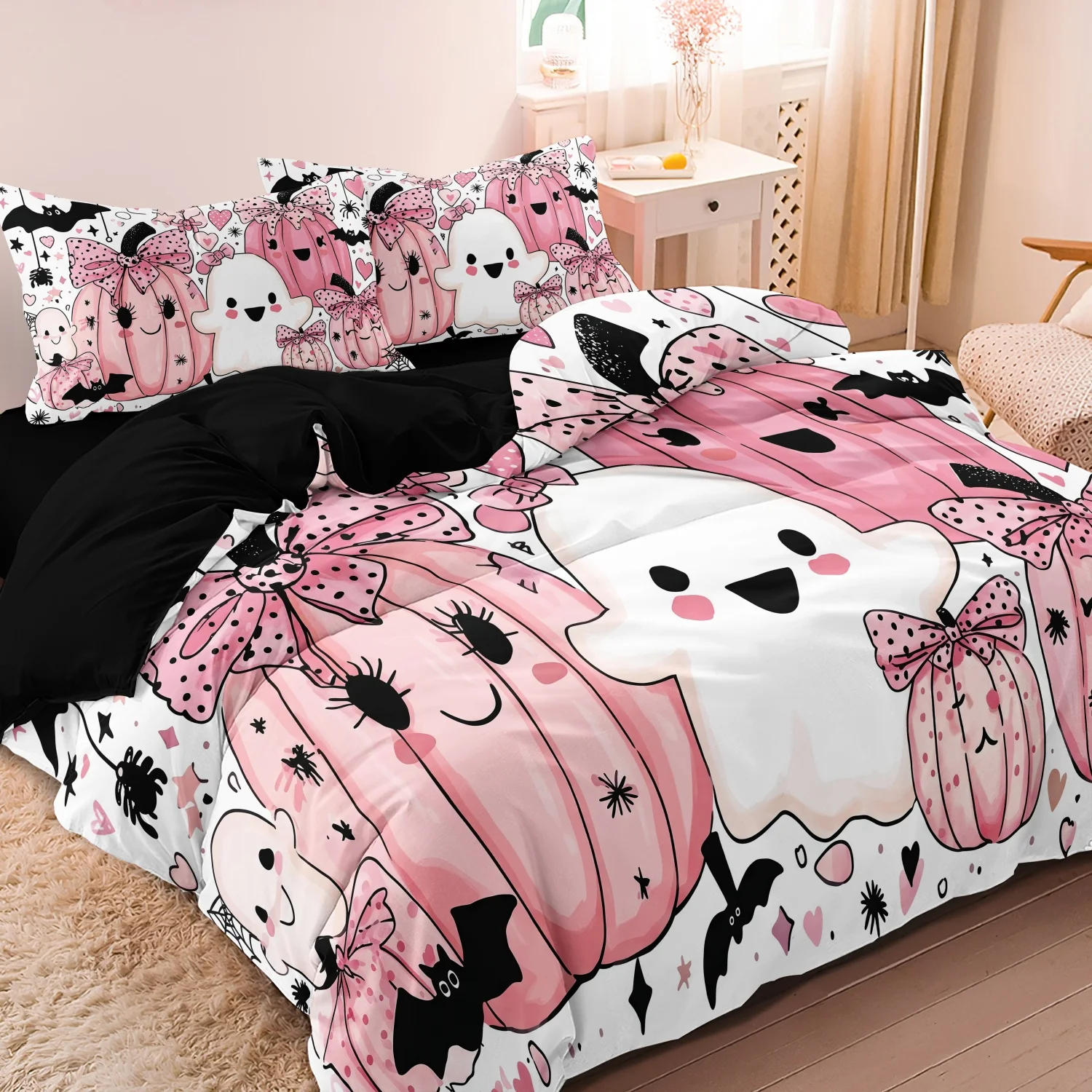 3Pcs Coquette Pink Bow Pumpkin Ghost Print Duvet Cover Set, Polka Dot Bow Pumpkin Bat Spider Web Ghost Print Halloween Bedding