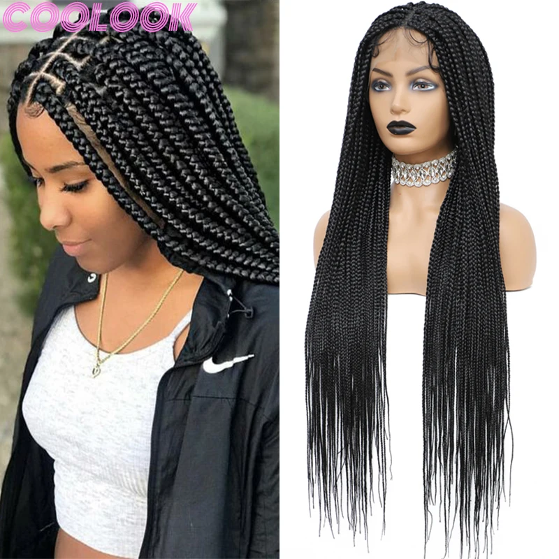 36 Inch Synthetic Full Lace Box Braided Wigs for Black Women Durable Silky Braids Lace Frontal Wig Knotless Braid Wig with Bangs