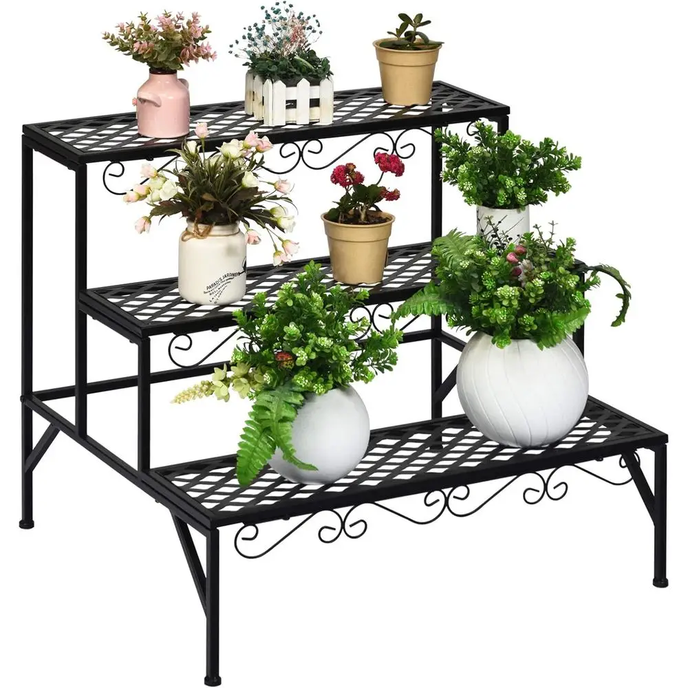 

3-Tier Black Metal Plant Stand with 6-9 Pot Holders for Patio, Garden, or Indoor Display
