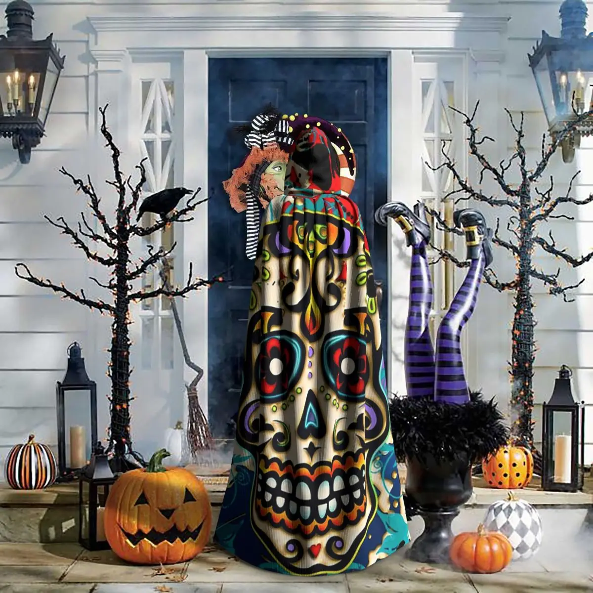 Crânio mexicano açúcar crânio dia dos mortos dias de los muertos longo com capuz manto bruxa traje medieval cosplay halloweenvampiro