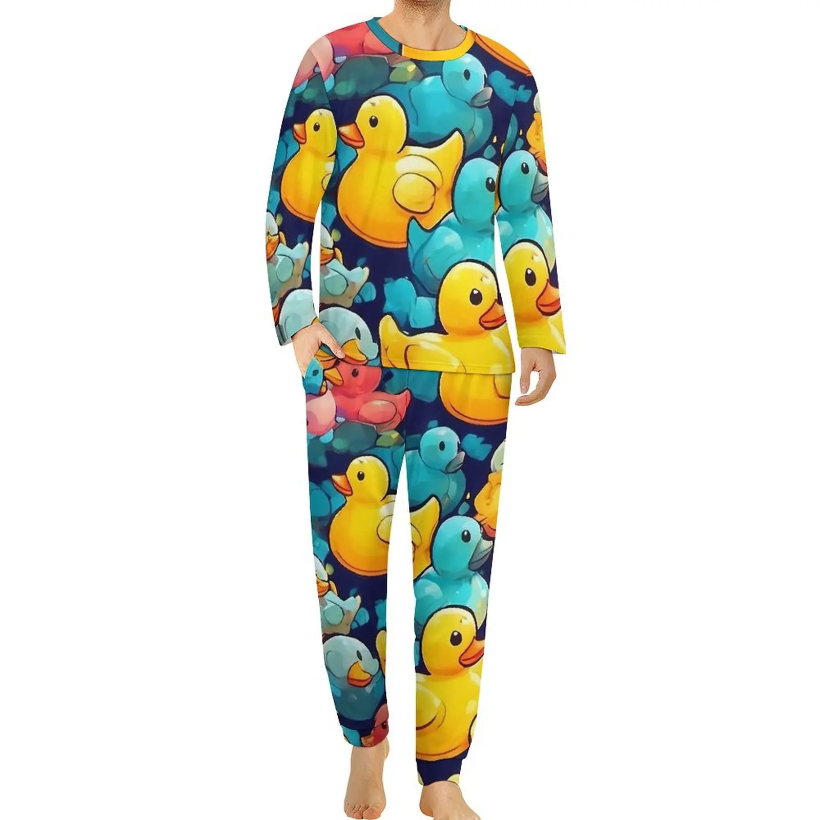 Rubber Ducks Pajamas Bath Duck Cartoon Man Long Sleeve Warm Pajama Sets 2 Piece Leisure Autumn Nightwear Birthday Present