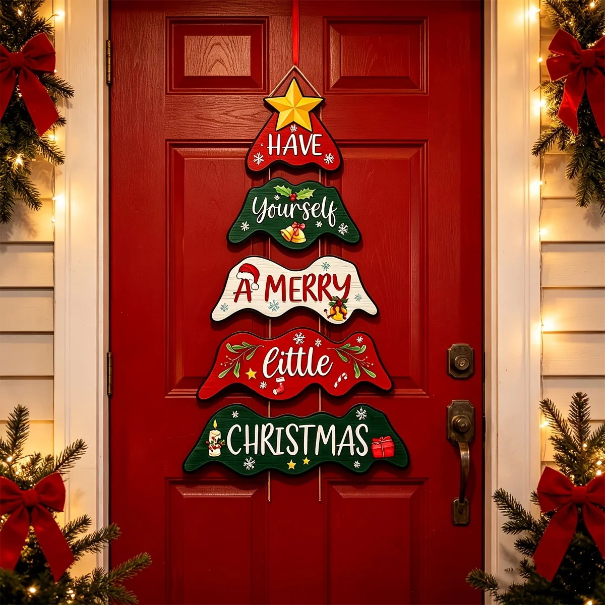 Merry Christmas Small Tree Paper Hanging Sign Multi Layer Door Wall Decor Gold Star Holiday Ornament for Porch Entryway Living