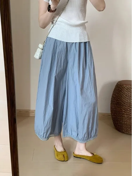 Laid-ba Japanese Sle Nine-Foot Pants Women's Summer Hollow Lace Casual Thin Balloon Pants Qui Dry Wide Leg Lantern Pants