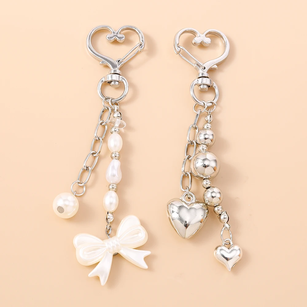 

Cute Alloy Love Heart Keychain Pearls Key Ring Pendants for Handbag Decor DIY Handmade Key Chain Jewelry Gifts