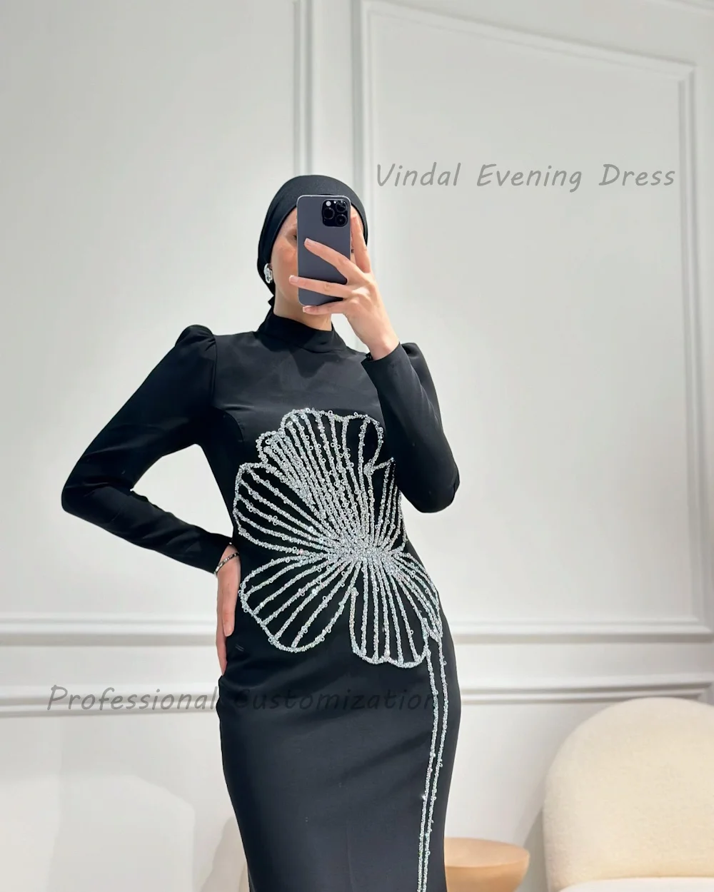 Vindal Floor length O-Neck luxurious Straight Beaded Crepe Fashion Breast Padding Elegant Long Sleeves السعود For Woman 2024