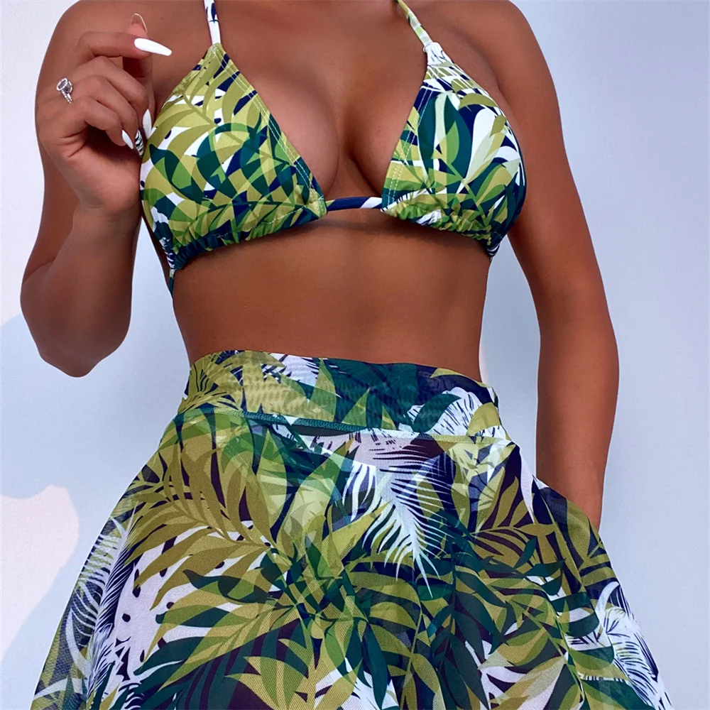 Tropical Print Bikinis Sets Swimwear Women String Backless Swimsuit Skirt 3 Piece Beach Outfit Bathing Thongs Bikinis Sets Mujer