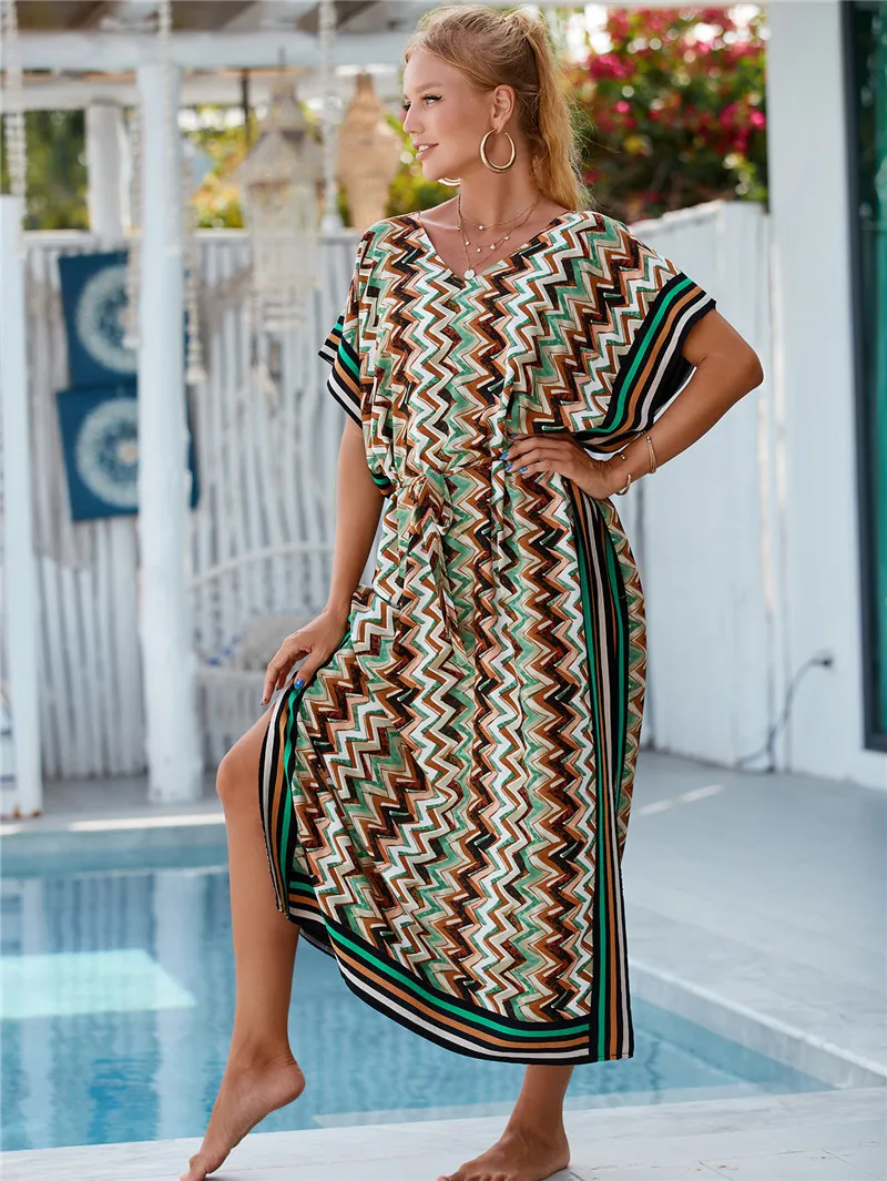 Kimono largo bohemio con estampado de ondas para mujer, Vestido de playa, traje de baño, Túnica de verano, ropa de playa