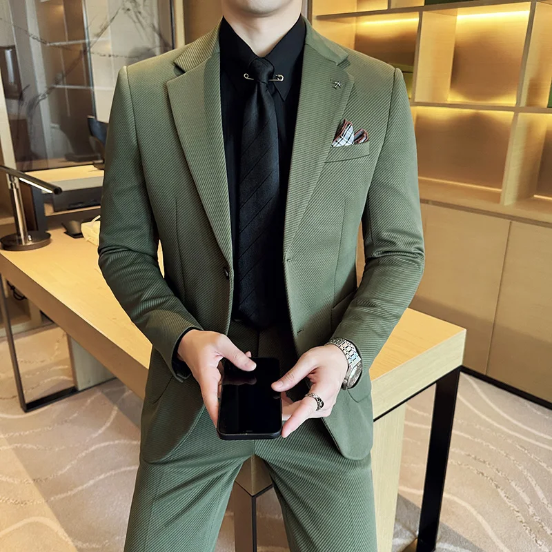 

High-quality, fashionable, cool, versatile and trendy Korean-style slim-fit suit, knitted twill suit set, two-piece set