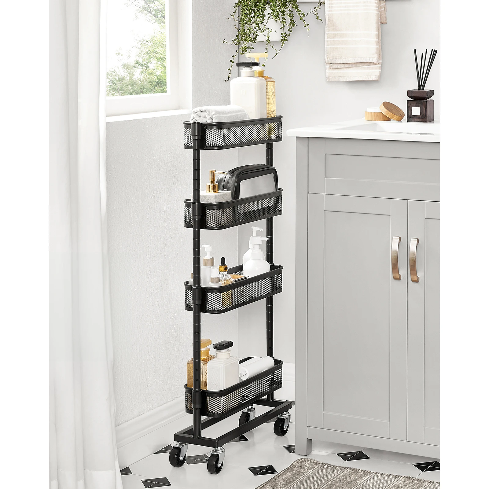 SONGMICS Slide-Out Trolley, Bathroom/Kitchen Cart with 4 Wire Baskets, Space-Saving, Easy Assembly, Office/Living Room