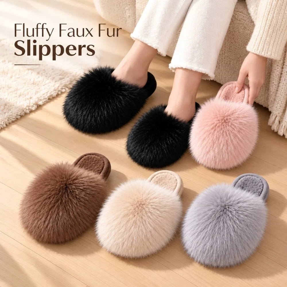 1 Pair Fluffy Faux Fur Women Fluffy Fur Slippers with TPR Non-slip Sole Non-slip Winter House Slippers Cozy Home Footwear