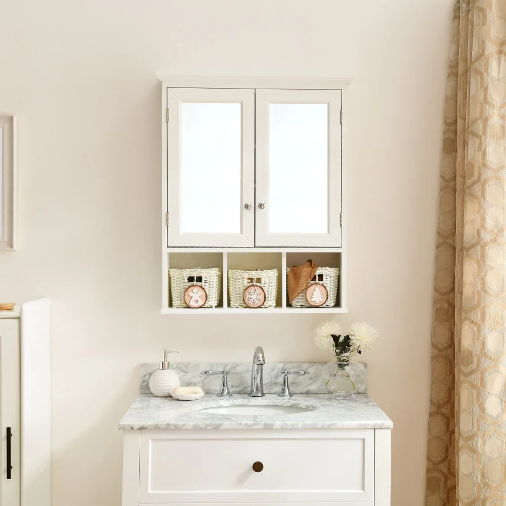 Bathroom Storage Cabinet, Medicine Cabinets for Bathroom, 2 Doors 2 Adjustable Shelf + 3 Christmas Style Storage Basket.