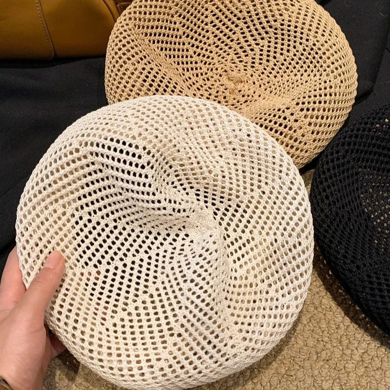 Koreanische schlichte, einfarbige, atmungsaktive Strickmütze für Damen – dünne Sommer-Baskenmütze im modischen, literarischen und künstlerischen Stil – Detail 3