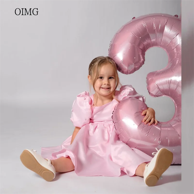 

OIMG Pink Pearl Puff Sleeves A Line Flower Girl Dresses Square Neck Wedding Party Dress Knee Length Birthday Dress Customized