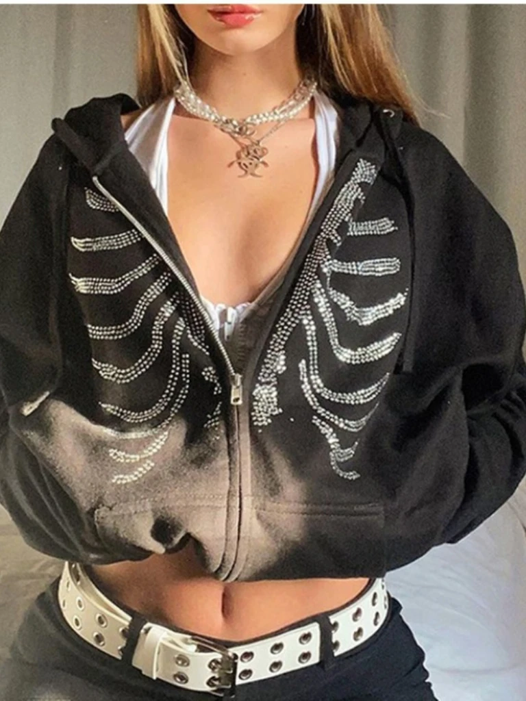 1pc Y2K Style Women'S Casual Hooded Jacket with Rhinestone Skeleton Print, Long Sleeve Knit Polyester Hoodie with Zipper