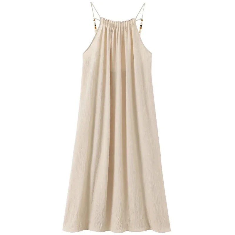 TRAF Womens Sleeveless Backless Dresses Summer 2024 Beads Linen Slip Dresses Fashion Bow Lace-Up Long Dress Beach Vacation Dress