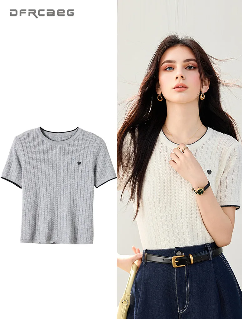

Korean Style Stretch Summer Women's Knit Tee Shirt Clothing Slim-Fit Short Sleeve Casual Patchwork Top Ladies