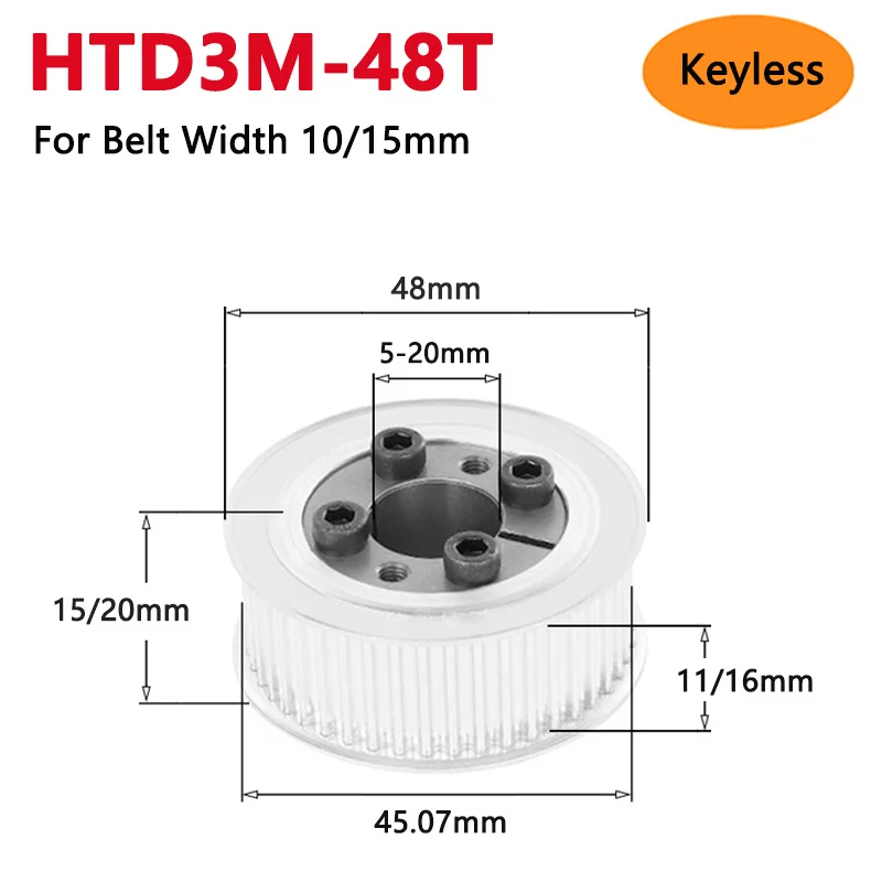 

1pc 48 Teeth HTD3M Keyless Timing Pulley 48T HTD-3M Expansion Sleeve Bushing Synchronous Wheel For Width 10/15mm Bore 5 6-20mm