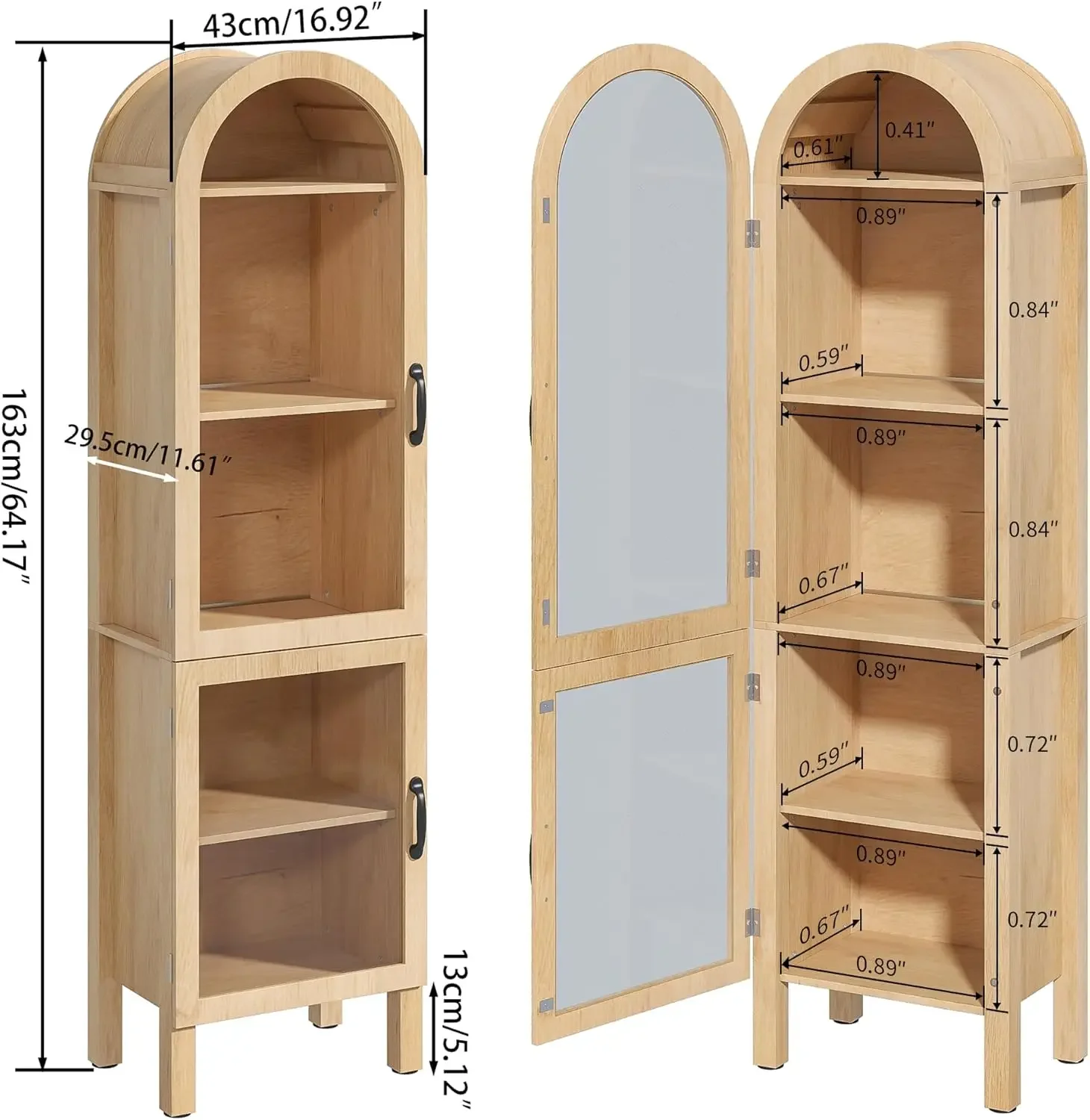 Arched Tall Bookcase Freestanding Wood Color Display Cabinet Five Shelf Storage Organizer For Living Room