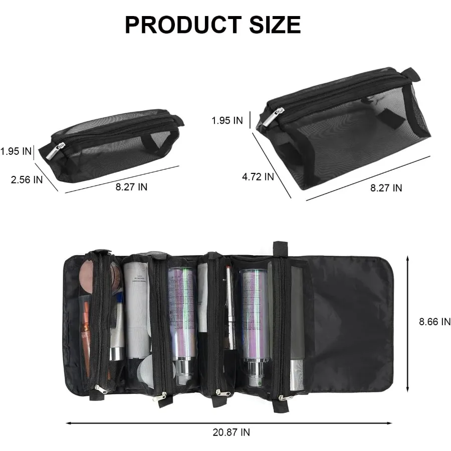 Roll Up Makeup Bag Hanging Toiletry Bag with 4 in 1 Detachable Design and 4 Removable Storage Compartments Ideal Travel Makeup
