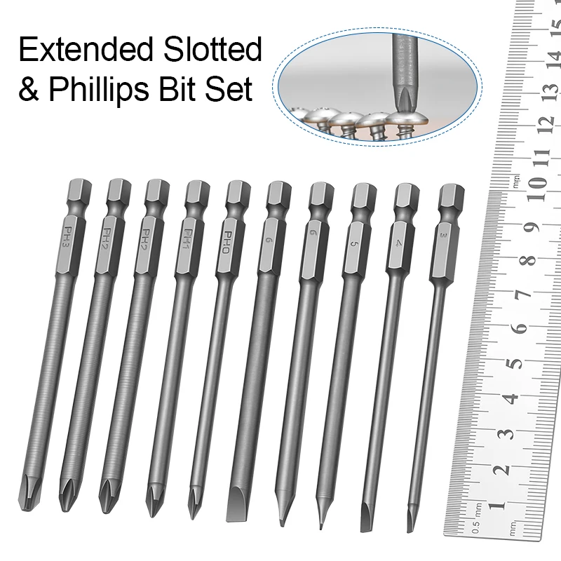 10Pcs Extended Screwdriver Bits Set Phillips Slotted 6.35mm Hex Shank Hand Tool for Drill Driver Repair Assembly Long Shank