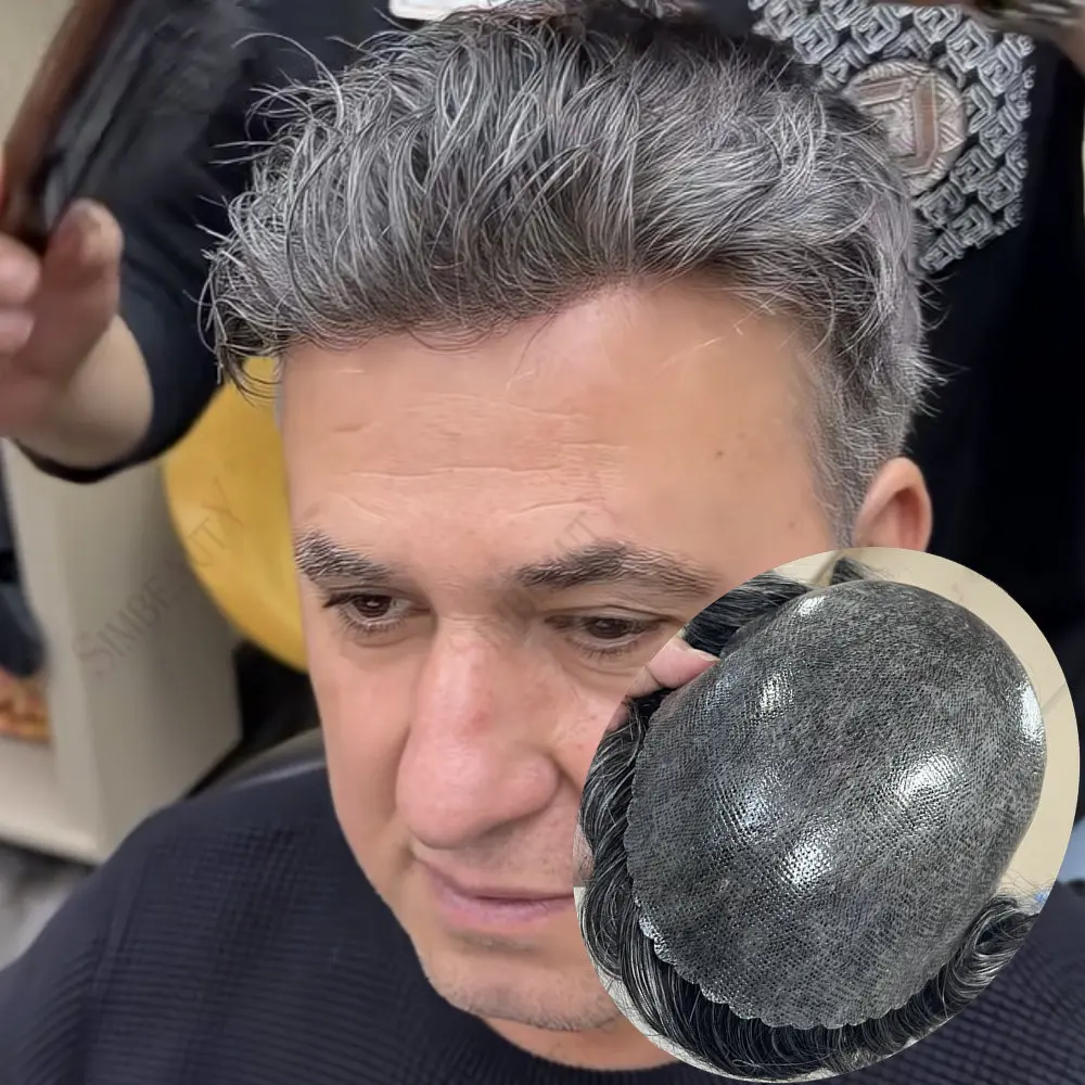 

1b40 1b80Grey Black Injection Men Toupee 0.1mm Skin Full PU Indian Human Hair Men's Hair Replacement System Capillary Prosthesis