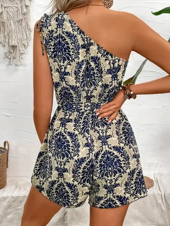 Jumpsuit Women 2026 Summer New Fashion Printed Slanted Collar Drawstring Sleeveless Single Shoulder Lace Up Casual Romper