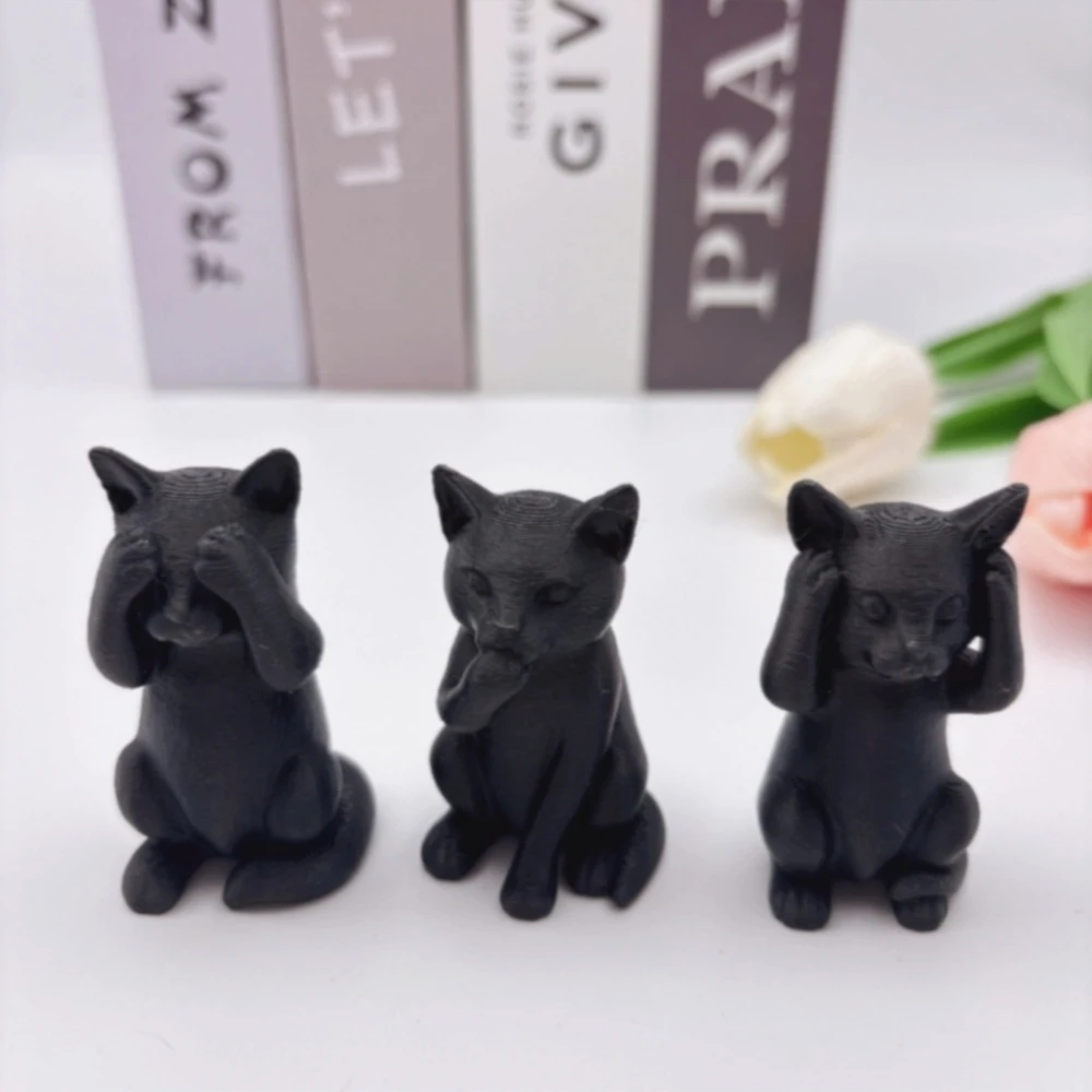 3 minimalistische kattensculpturen met drie wijsheid, wijze ornamenten die niet luisteren, zie, of spreken, gewaad, maar niet goed, zie het kwaad, maar zie je niet goed, speelse kat-vormige